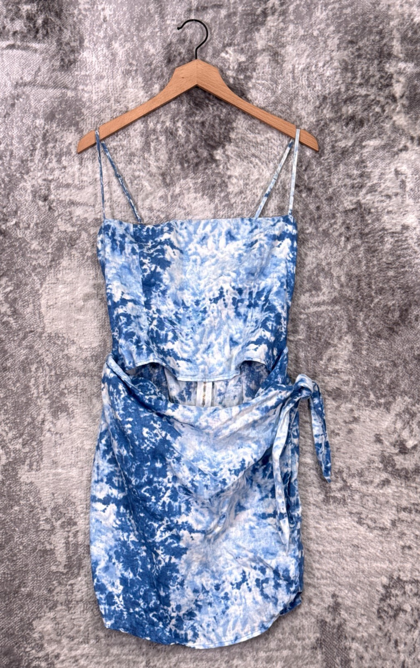Reformation Dress 10 Womens Marseilles Linen Shibori Dye Wrap Tie Mini